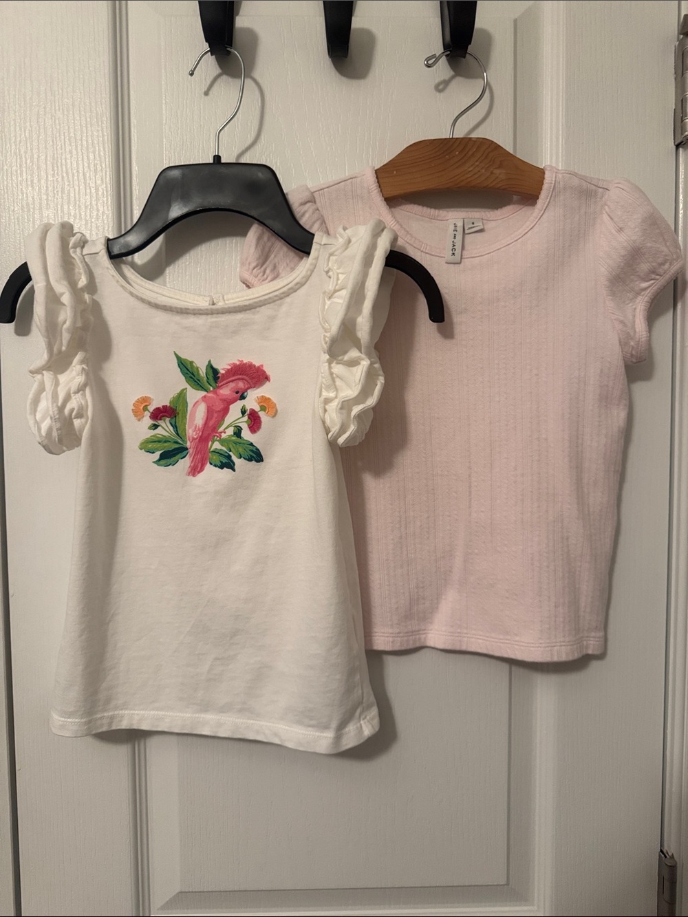 Janie & Jack Bundle of 2 Sz 6 White Ruffle Slv Top w/ Pink Parrot & LT PNK Top